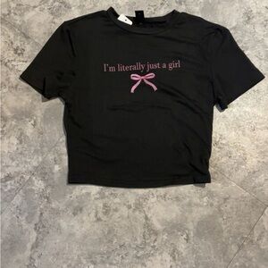 SHEIN Black Crop Top with Pink Bow Graphic